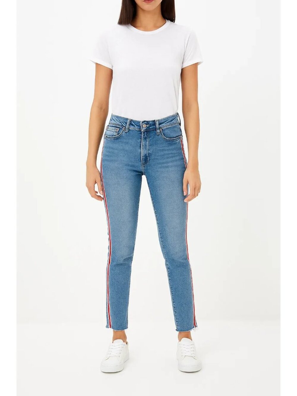 Zara Retro Skinny Mid Rise Jeans Red White Racing Stripes Size 6 Distressed Hem
